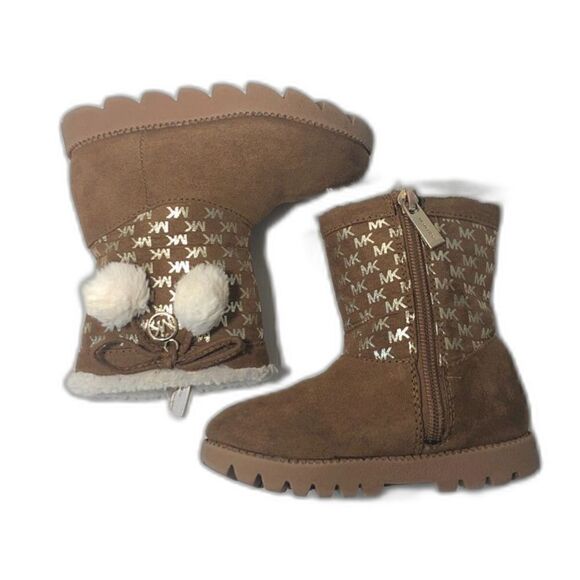 MICHAEL KORS Boots Toddler Size 7 Brown Gold MK Logo Pom Poms Payson - Picture 9 of 11